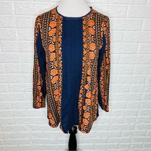 MATILDA JANE Floret Pintuck Lace Long Sleeve Blouse | Navy/Orange Size S